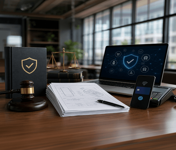 Legal and payment security tools on a desk